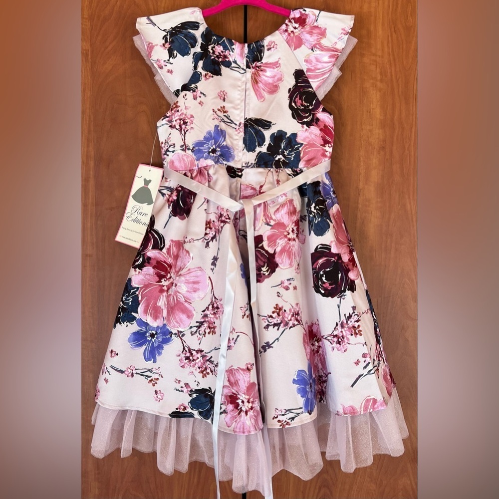 Rare Editions - Foil Mikado Floral print dress w/mesh bottom hem (Size 5t) NWT - Picture 2 of 5
